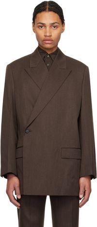 YOKE Veston brun en gabardine de laine à double boutonnage