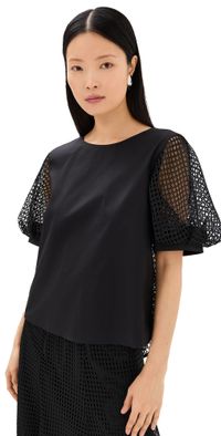 MEIMEIJ Netted Half Sleeve Top with Poplin Front Nero 38
