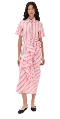 Rosie Assoulin Gathered Ruffle Shirt Dress Red Stripe 8
