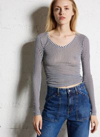 American Vintage - Tee-shirt ajusté en coton rayé - Taille L - Bleu