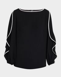 Contrast-Trim Butterfly-Sleeve Crepe Blouse