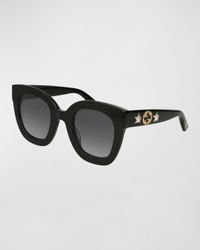 Rectangle Acetate GG Sunglasses w/ Crystal Stars, Brown Pattern