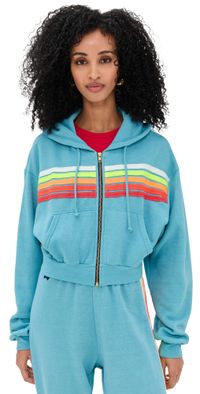 Aviator Nation 5 Stripe Cropped Zip Hoodie Aquamarine/White Neon L