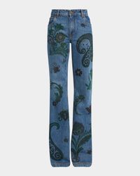 Flower and Bee Printed Flare Jeans