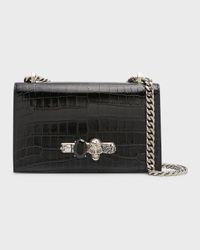 Shiny Croc-Embossed Jeweled Shoulder Bag