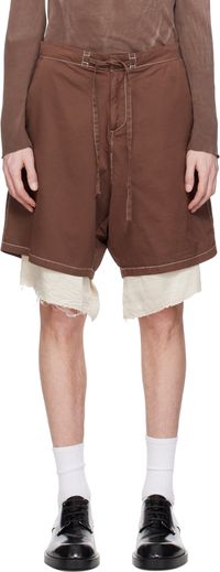 Edward Cuming Brown Drill Satin Exploded Piece Dyed Shorts