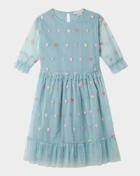 Girl's Embroidered Hearts Frill-Sleeve Tulle Dress, Size 4-8