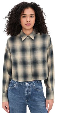 rag & bone Marin Cropped Plaid Shirt Navy Plaid M
