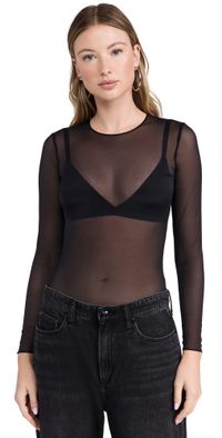 Commando Chic Mesh Crew Neck Long Sleeve Thong Bodysuit Black XL