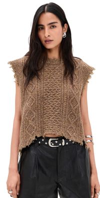 R13 Boyfriend Cable Sweater Vest Brown Tweed L