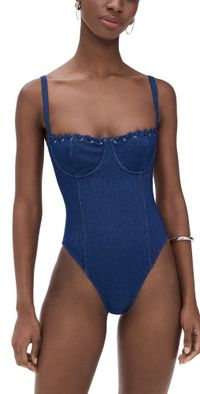 Good American Denim Square Neck Support One Piece Swim Denim Rinse 3XL