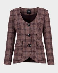 Plaid Tweed Portrait Neck Blazer