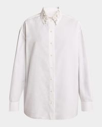 Beaded Pearly Collar Button Down Cotton Blouse