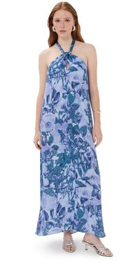 SIMKHAI Ayra Halter Neck Ruched Maxi Dress French Blue Botanical XS
