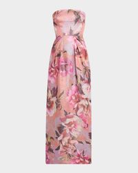 Strapless Floral-Print Shimmer Gown