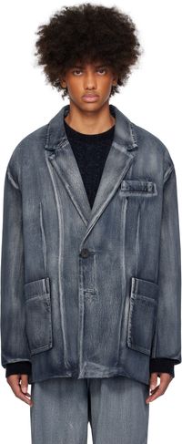 WOOYOUNGMI Veston bleu en denim à simple boutonnage et à ornements peints