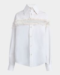 Ruffle-Inset Button-Down Blouse