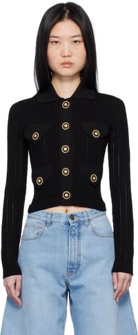 Balmain Black Cropped Ribbed Knit Cardigan