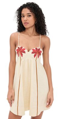 FARM Rio Coconut Tree Embroidered Mini Dress Sand S