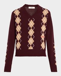 Wool-Cashmere Argyle V-Neck Sweater