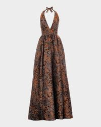 Venus Low-Back Halter Floral Jacquard Gown