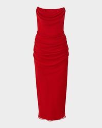 Strapless Draped Silk Midi Dress