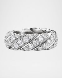 Sculpted Cable Flex Band Ring with Diamonds in 18K White Gold, 7.5mm