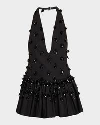 Embellished Plunging Ruffle Halter Top