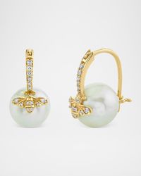 14K Gold and Diamond Bee Charm on 10mm Freshwater Pearl Earrings