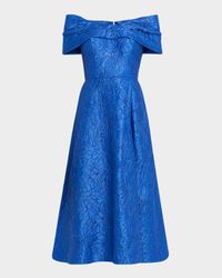 Off-Shoulder Floral Jacquard Midi Dress