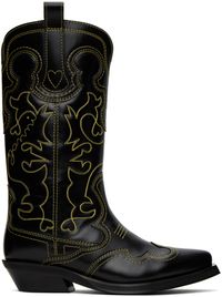 GANNI Black Mid Shaft Embroidered Western Boots