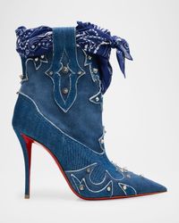 100mm Bootyiag Denim and Suede Bandana Western Booties