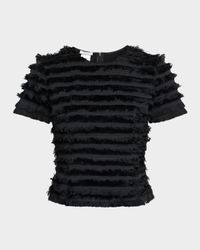 Striped Fringe Short-Sleeve Fitted Top