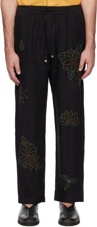 HARAGO Black Sunflower Embroidered Trousers