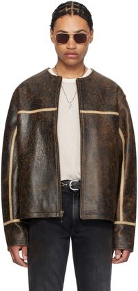 GUESS USA Blouson brun en cuir à encolure arrondie