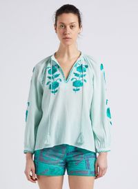 Antik Batik - Blouse col tunisien en coton - Taille L - Bleu