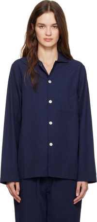 Tekla Navy Poplin Long-Sleeved Pyjama Shirt
