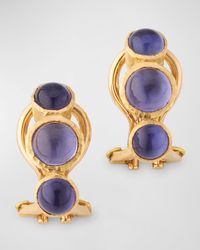 19K Yellow Gold Three Round Cabochon Iolite Earrings with Fold Down Posts