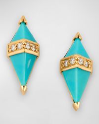 18K Yellow Gold Earrings with Turquoise and GH-SI Diamonds, 12x5mm