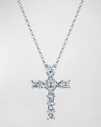 18K Gold 11-Stone Shared Prong Asscher Cut Diamond Cross 16" Necklace, 1.50tcw