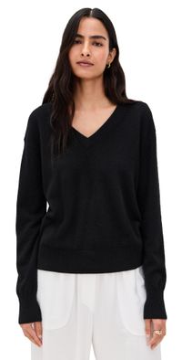 White & Warren Cashmere V Neck Pullover Black L