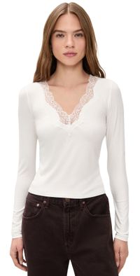 RE/DONE Lace V Neck Long Sleeve Tee Off White L