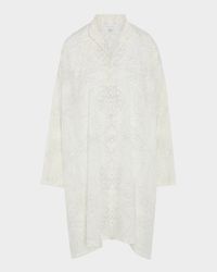 Tile-Print Ottoman Wide A-Line Collarless Shirt With Slits (Very Long Length)