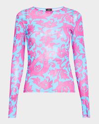 Tile-Print Long-Sleeve Mesh Top