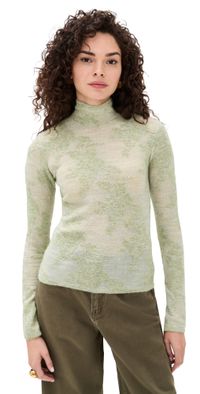 GANNI Sheer Flower Jacquard Mock Neck Olive Night XS