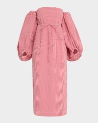 Balloon-Sleeve Off-The-Shoulder Gingham Midi Dress