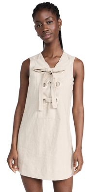English Factory Linen Lace Up Front Dress Tan L