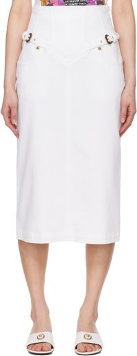 Versace Jeans Couture White Baroque Buckle Denim Midi Skirt