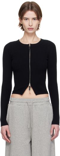 Fax Copy Express Black Tight Ribbed-Knit Zip Sweater