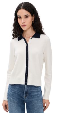 Vince Cashmere Blend Contrast Collared Cardigan Off White/Coastal XS